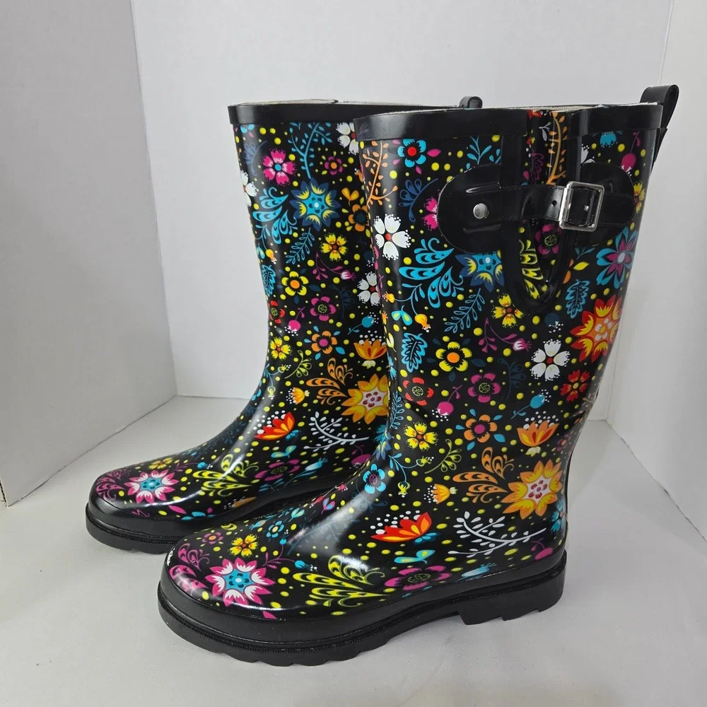 Western Chief Rain Boots Size 9 Garden Black Floral Waterproof Rubber #1103